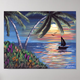 Poster Palmiers Coucher de soleil Peinture océanique
