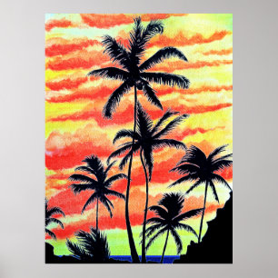 Poster Palmiers de Coco-Coques Couchés De Soleil Hawaïen