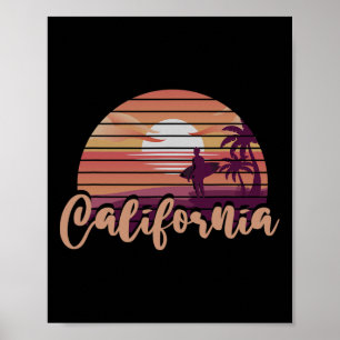 Poster Palmiers d'Ocean Cali Surfing Ca Mer Plage Rétro C