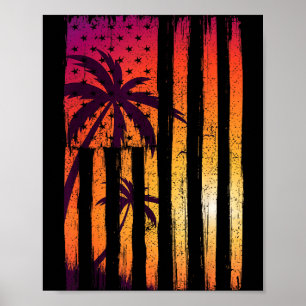 Poster Palmiers du drapeau américain du coucher de soleil