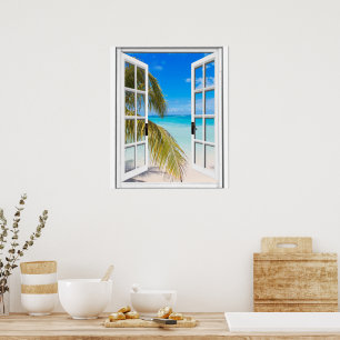 Poster Palmiers et vue sur la plage par fausse fenêtre
