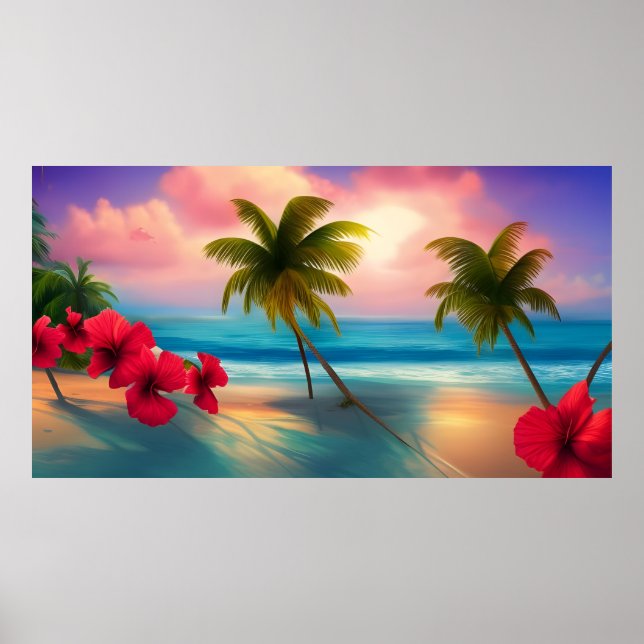 Poster Palmiers océaniques de la plage d'hibiscus tropica (Devant)