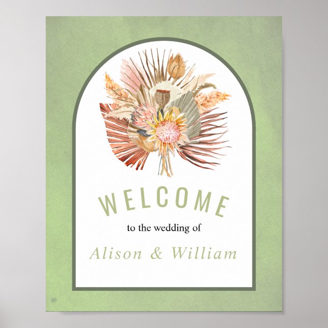 Poster Palmiers, pampas herbe sauge vert accueil mariage (Devant)