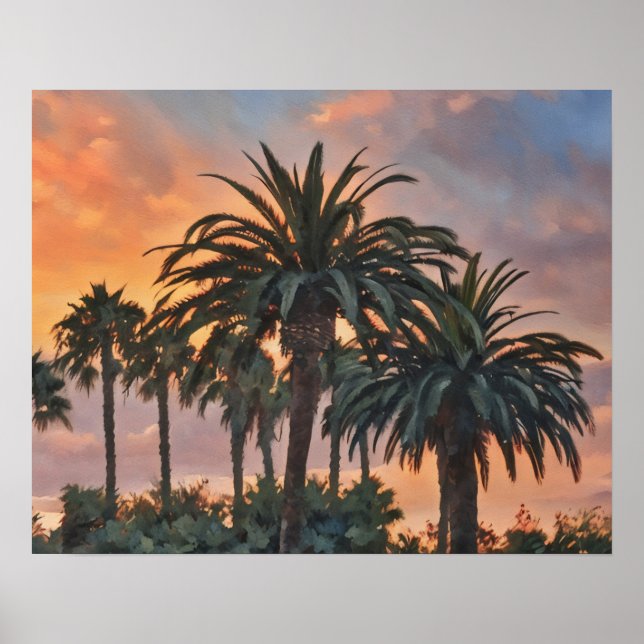 Poster Palmiers Tropical Sunset Aquarelle Art (Devant)