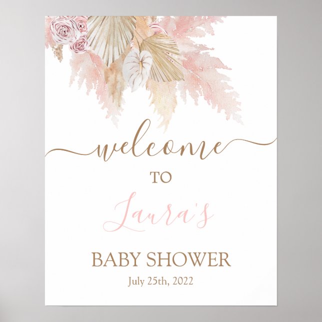 Poster Pampas Baby shower rose pâle Panneau de bienvenue (Devant)