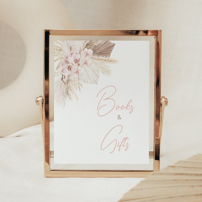 Poster Pampas Floral Rose Boho Baby showers Livres & Cade (Girl Pampas Grass Baby Shower Books and Gifts Sign)