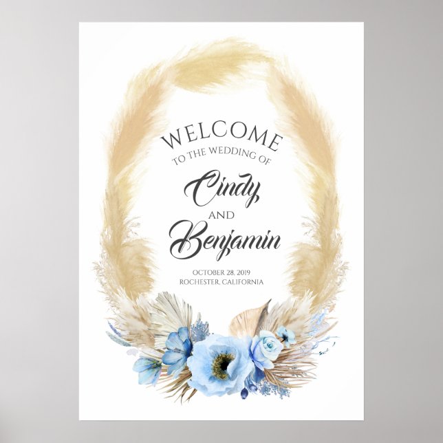 Poster Pampas Grass and Dusty Blue Flower Mariage Welcome (Devant)