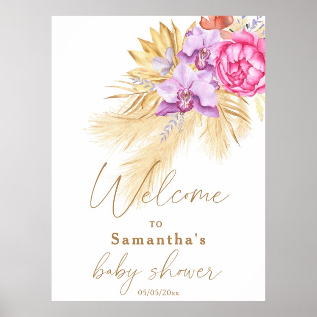 Poster Pampas grass Boho Baby shower rose Bienvenue (Devant)