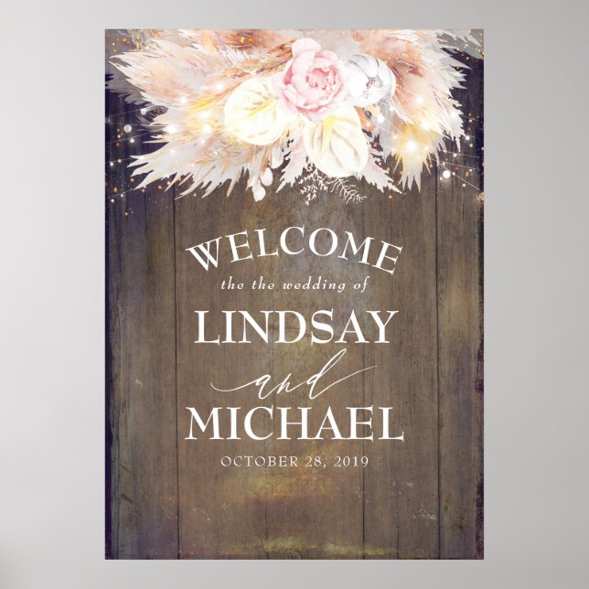 Poster Pampas Grass et Fleurs roses Accueil Mariage (Devant)
