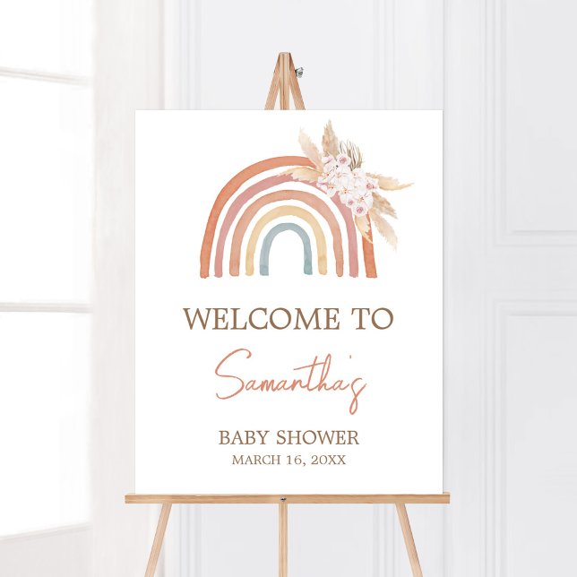 Poster Pampas Rose Boho Gris Arc En Ciel Bienvenue (Girl Boho Rainbow Baby Shower Welcome Sign)