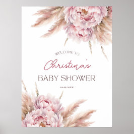 Poster Pampas Rose Floral Grass Girl Baby shower Bienvenu