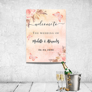 Poster Pampas rose or papillon fleuri accueil mariage