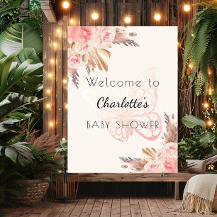 Poster Pampas rose papillon rose Baby shower bienvenue