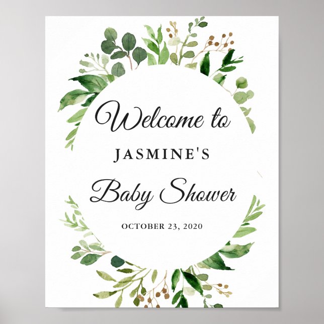 Poster Pancarte de Baby Shower Couronne de Feuillage de V (Devant)