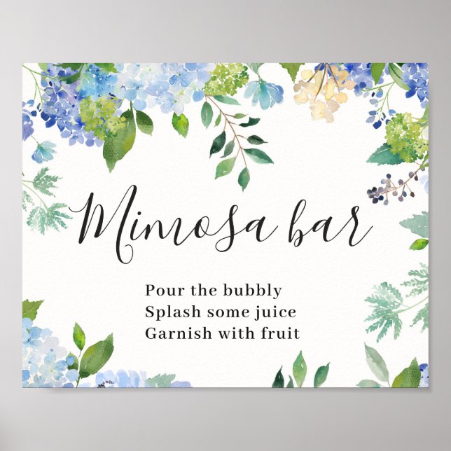Poster Pancarte de bar Mimosa chic floral Hydrangea bleue (Devant)
