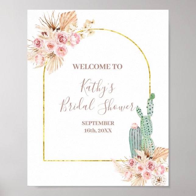 Poster Pancarte de bienvenue Baby Shower Fleur Rose Cactu (Devant)