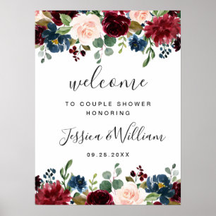 Poster Pancarte de BIENVENUE COUPLE Fleurs Navy Bourgogne