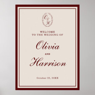 Poster Pancarte de bienvenue de mariage Burgundy Old Mone