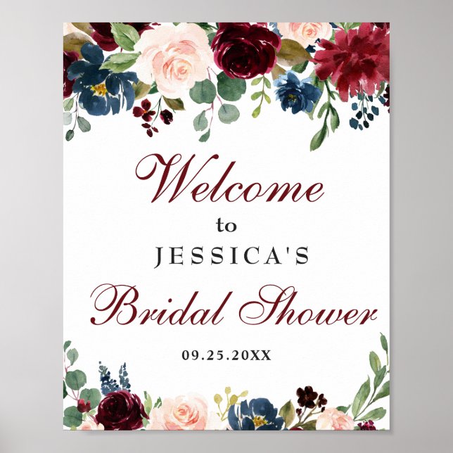 Poster Pancarte de bienvenue de mariage floral Bourgogne  (Devant)