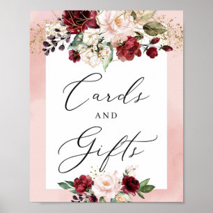 Poster Pancarte de cartes et cadeaux floraux bordeaux ros