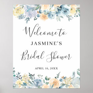 Poster Pancarte de Fête de Mariage Florale Bleue Vanille