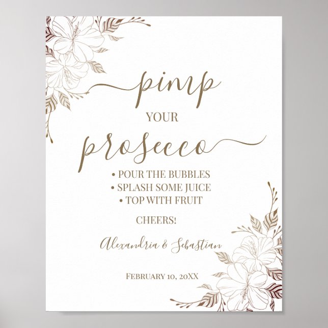 Poster Pancarte de Fête de Mariage Prosecco Floral Lines (Devant)