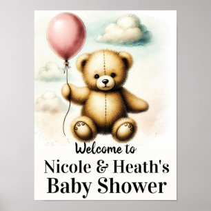 Poster Pancarte de fête prénatale Bébé Ballon Rose Ours e