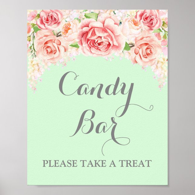 Poster Pancarte de mariage au bar à bonbons Rose Fleurs a (Devant)