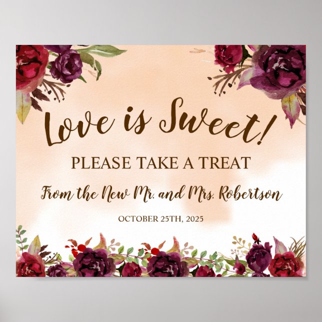 Poster Pancarte de mariage Burgundy Love is Sweet pour un (Devant)