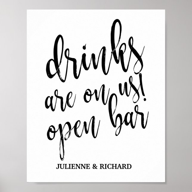 Poster Pancarte de mariage noir et blanc Open Bar 8x10 (Devant)