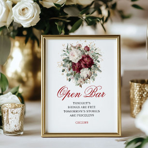 Poster Pancarte de mariage pour un bar ouvert Burgundy Bl