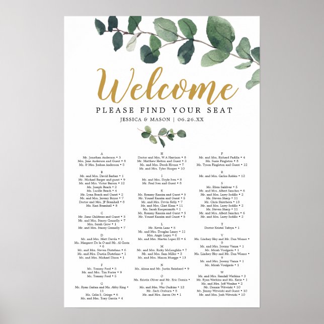 Poster Pancarte de plan de table de mariage au eucalyptus (Devant)