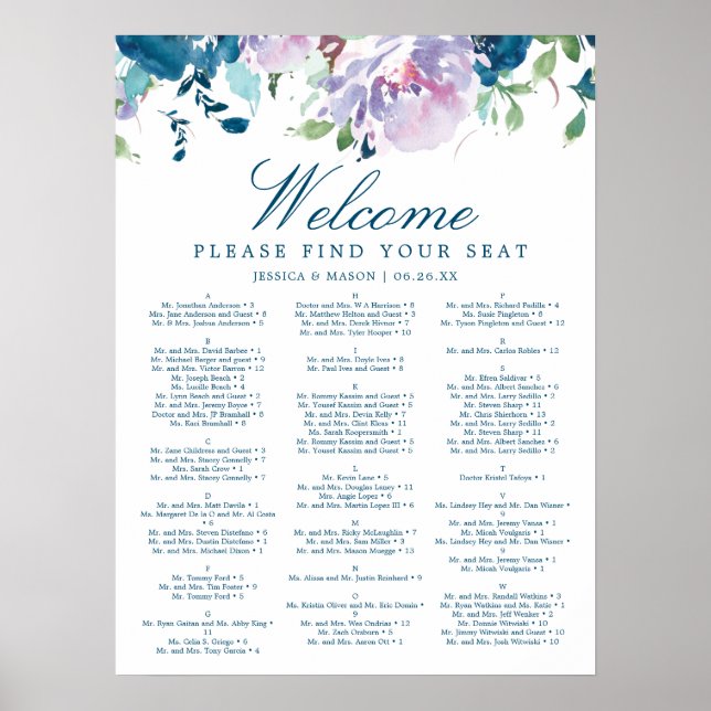 Poster Pancarte de plan de table de mariage floral Midnig (Devant)