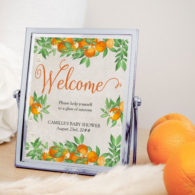 Poster Pancarte de table Bienvenue Citrus Orange Mimosa (Welcome Sign from my Citrus Orange Baby Shower collection)