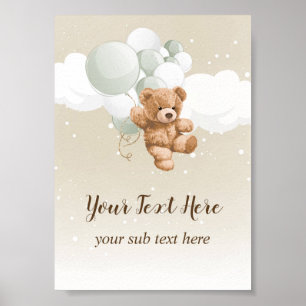 Poster Pancarte de table Ourson avec ballons sauge