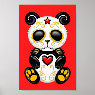 Poster Panda à sucre jaune Zombie sur rouge