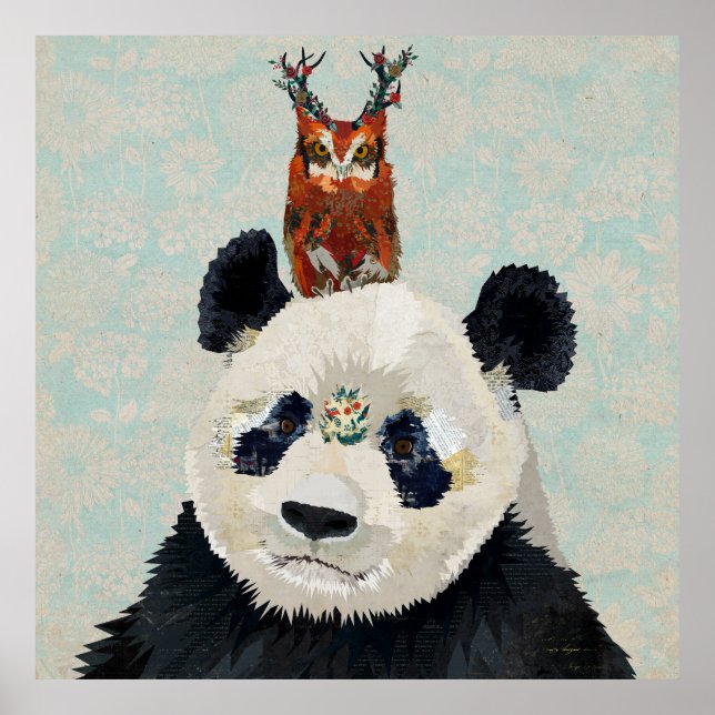 POSTER PANDA & ANTLER FLORAL OWL (Devant)