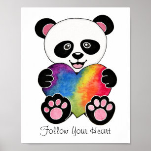 Poster Panda Aquarelle Cute Avec Coeur Arc En Ciel