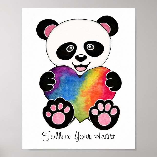 Poster Panda Aquarelle Cute Avec Coeur Arc En Ciel (Devant)