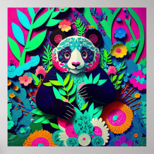 Poster Panda Arc-en-ciel découpé en papier faux
