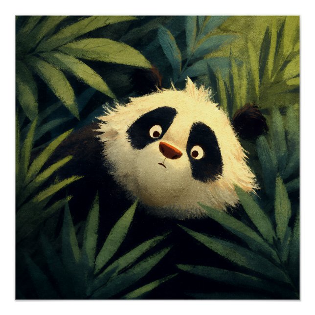 Poster Panda aux yeux écarquillés coup d'oeil sur le feui (Devant)