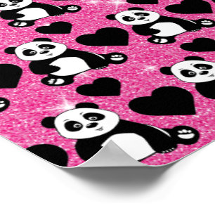 Poster Panda Bear Animal Lover Black Hearts Rose Glitter