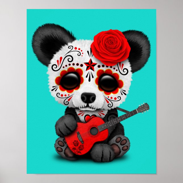 Poster Panda crâne de sucre rouge Jouer de la guitare (Devant)