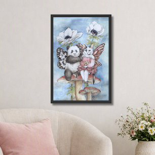 Poster Panda et Fée Chat Amis avec des Fleurs d'Anémone