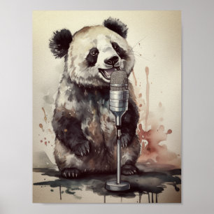 Poster Panda mignonne chantant à travers microphone rétro