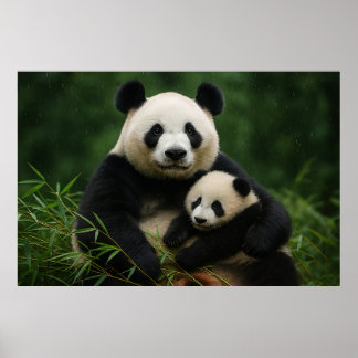 Poster Panda Mother & Cub in Gentle Rain