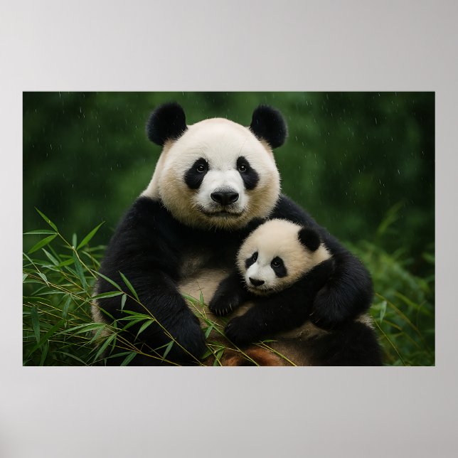 Poster Panda Mother & Cub in Gentle Rain (Devant)