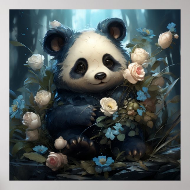 Poster Panda Ours et Fleurs (Devant)