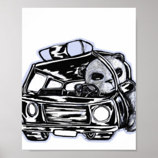 Poster Panda patrouille voiture de police dessin noir et