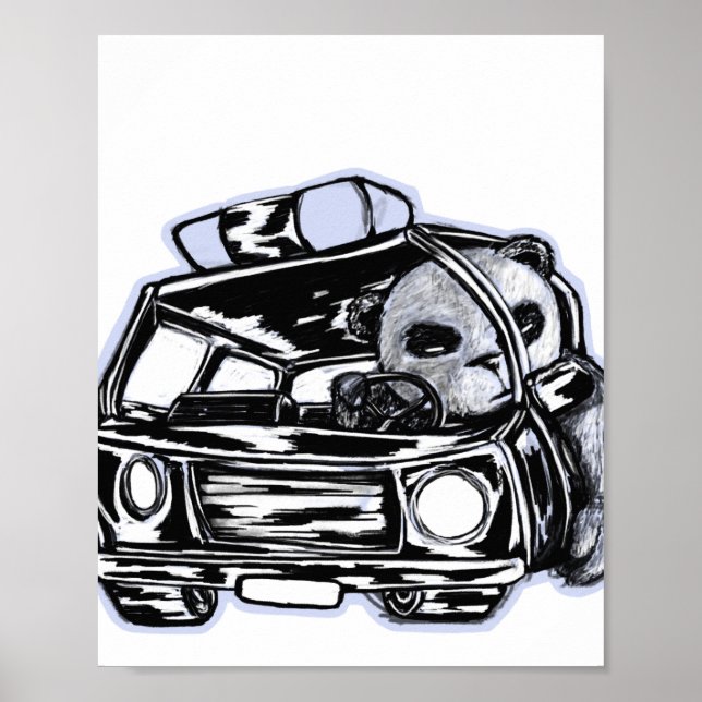Poster Panda patrouille voiture de police dessin noir et  (Devant)